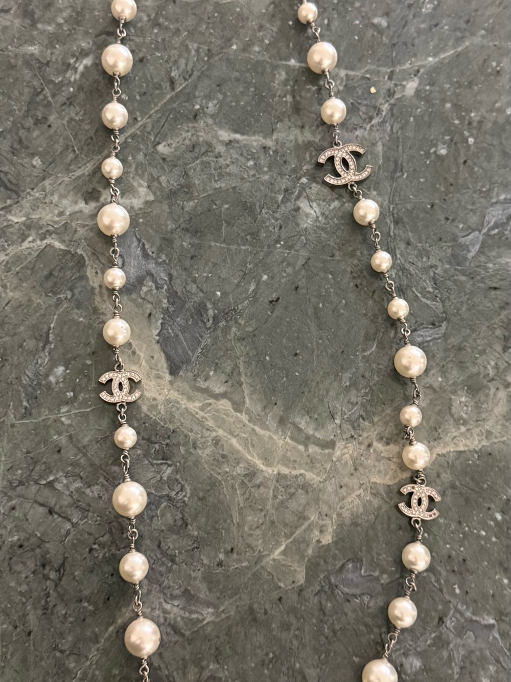 CHANEL Ivory Pearl Station Necklace with Silver CC Logos